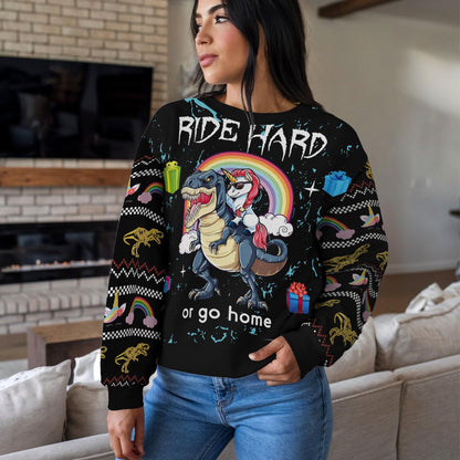 Funny Dinosaur Unicorn Ride Hard 3D Printed Mens Ugly Christmas Sweater Winter Unisex Casual Knit Sweater, Winter Holiday Knit Sweater