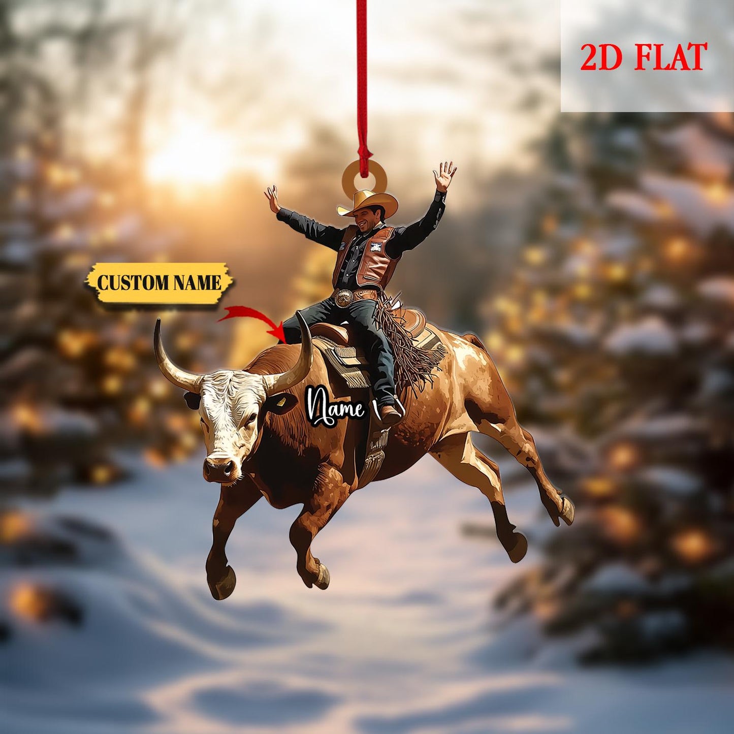 Personalized Bull Riding 2D Flat Acrylic Ornament, Christmas Tree Hanging Decor, Bull Riding, Cowboy Boots, Cowboy Hat, Cowboy Ornament