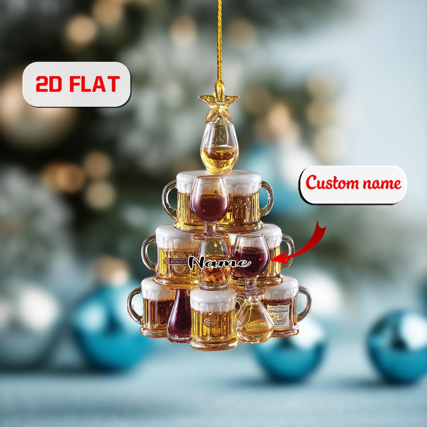 2D acrylic ornament, flat christmas ornament, personalized beer ornament, custom name ornament, funny ornament, bar pub gift, xmas decor