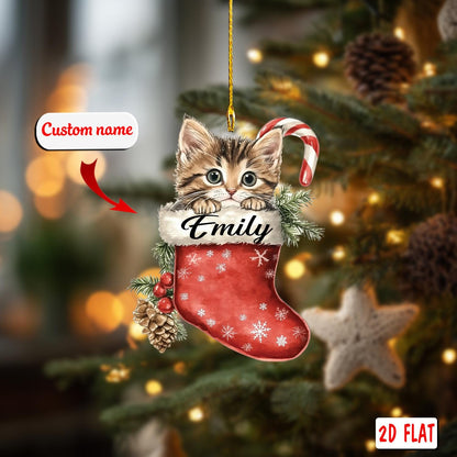 2D acrylic ornament, flat christmas ornament, personalized cat ornament, custom name ornament, kitten stocking ornament, pet xmas gift