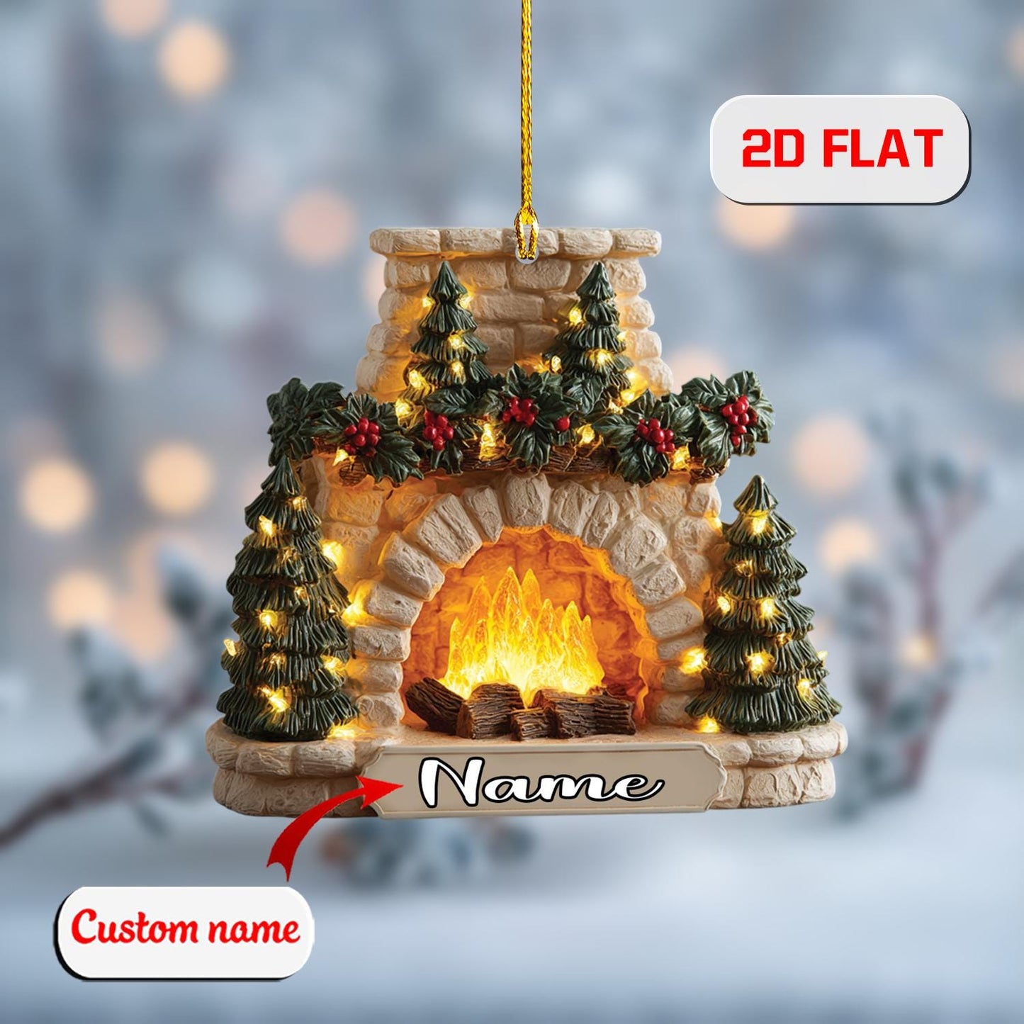 2D Acrylic Christmas Ornament, Fireplace Holiday Decor with Lights, Personalized Xmas Ornament, Cozy Winter Tree Gift, Christmas Gift