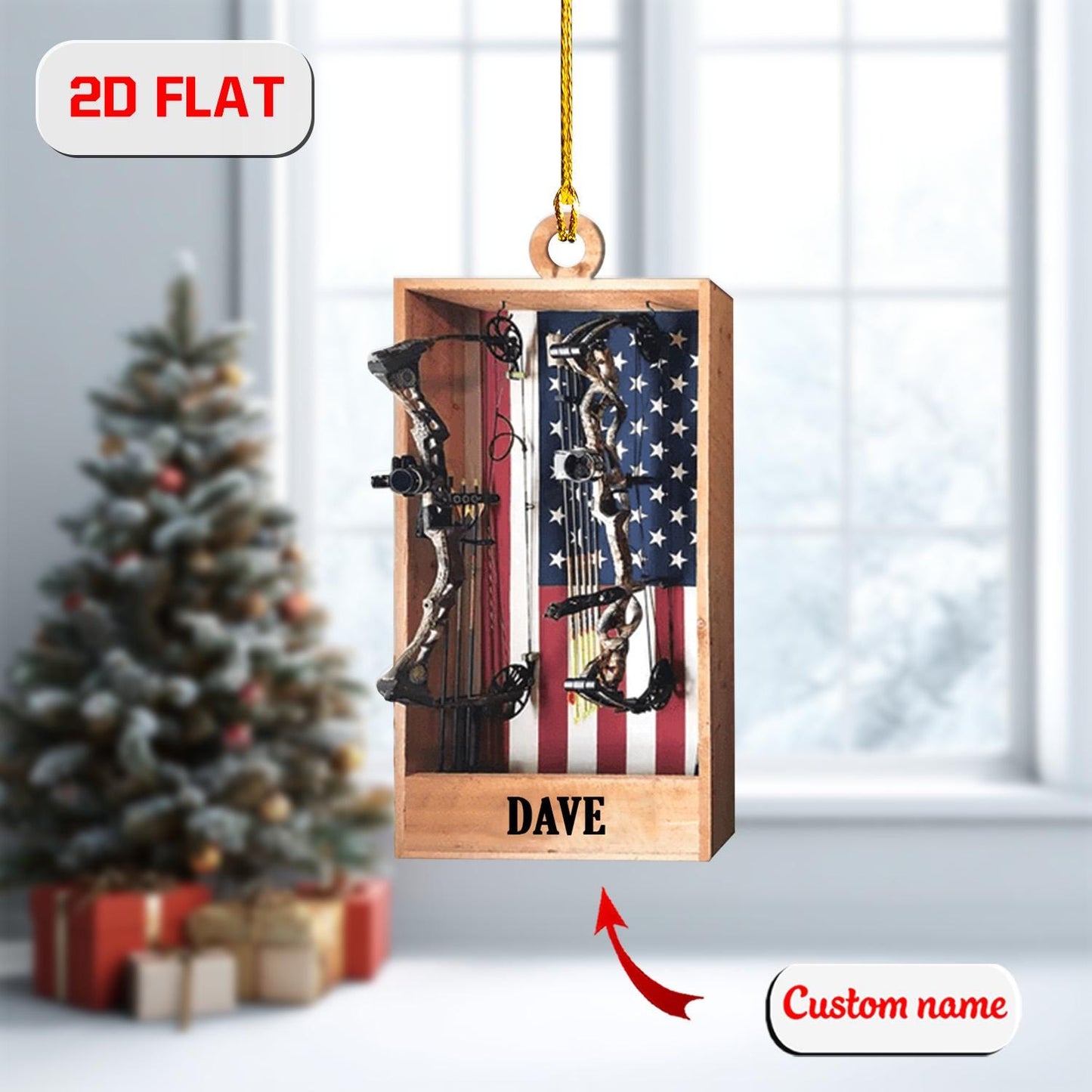 2D Acrylic Christmas Ornament, Bow Hunting Archery Holiday Decor with USA Flag, Hunter Ornament for Men, Outdoor Xmas Gift, Christmas Gift