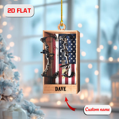 2D Acrylic Christmas Ornament, Bow Hunting Archery Holiday Decor with USA Flag, Hunter Ornament for Men, Outdoor Xmas Gift, Christmas Gift