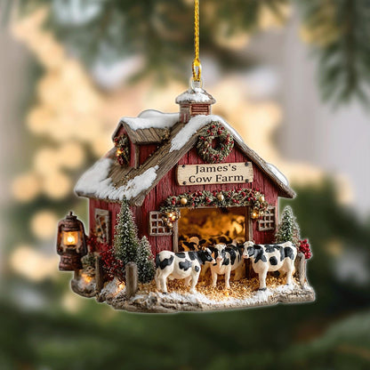 Personalized Cow Farm Christmas Ornament, Custom Name Rustic Barn Holiday Decor Gift for Farmers and Country Living Lovers, 2D Flat ornament