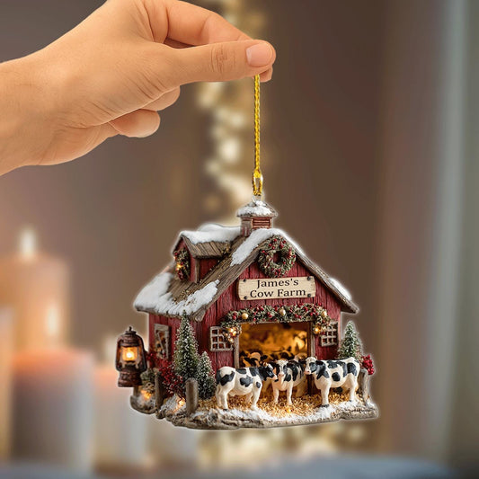 Personalized Cow Farm Christmas Ornament, Custom Name Rustic Barn Holiday Decor Gift for Farmers and Country Living Lovers, 2D Flat ornament