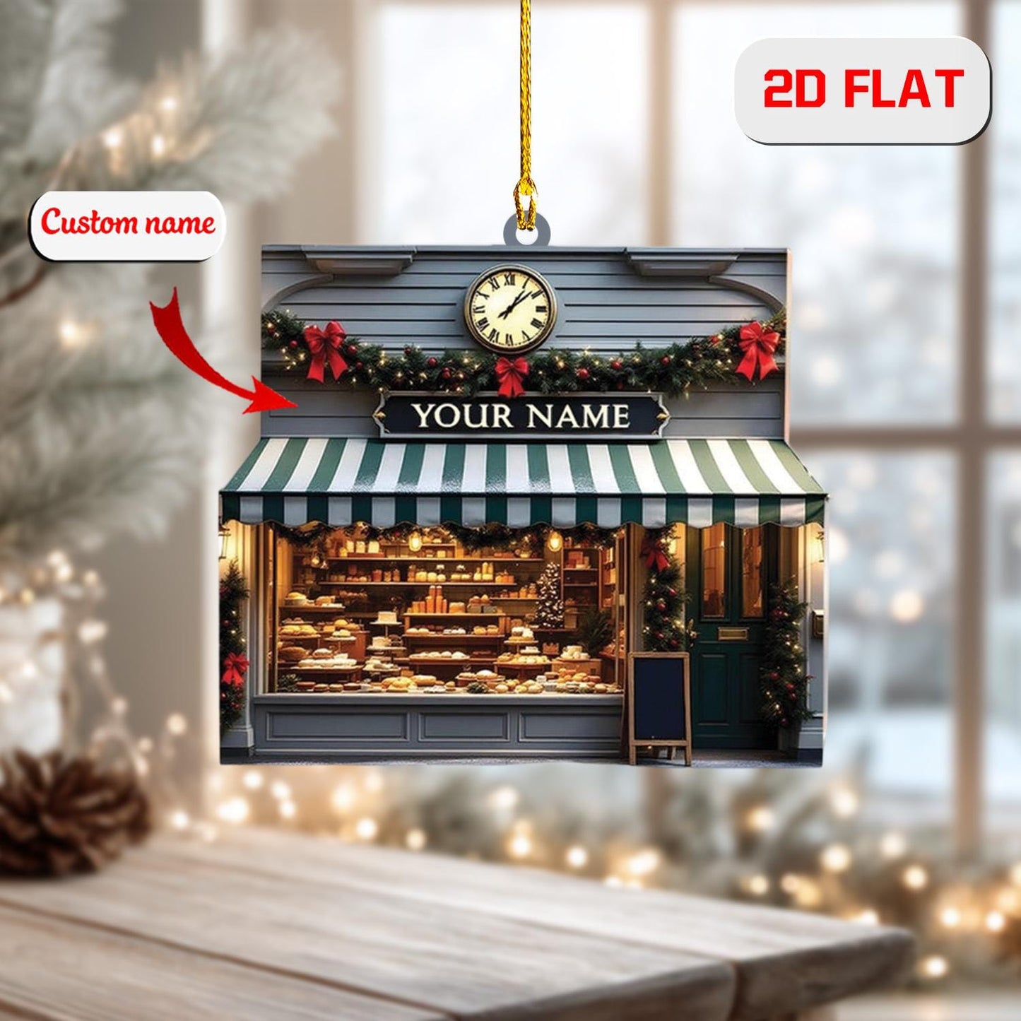 2D Acrylic Christmas Ornament, Bakery Storefront Holiday Decor with Bread and Pastries, Personalized Baker Ornament, Christmas Gift