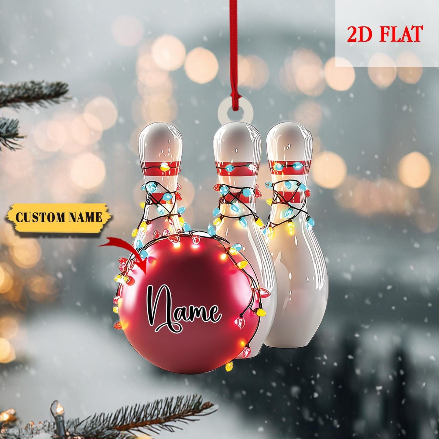 Personalized Name Bowling Ball & Pins 2D Flat Acrylic Ornament, Bowling Christmas Tree Decoration, Gift For Bowling Teams, Bowling Ornament
