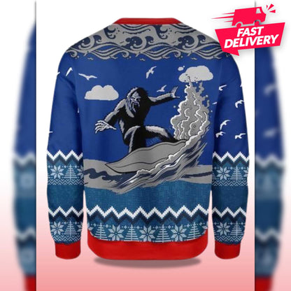 Bigfoot Surfing Christmas Ugly Sweater, Family Matching Outfit, Friends Party, Hoodie Xmas Gift For Dad, Boyfriend Ugly Sweater Gift