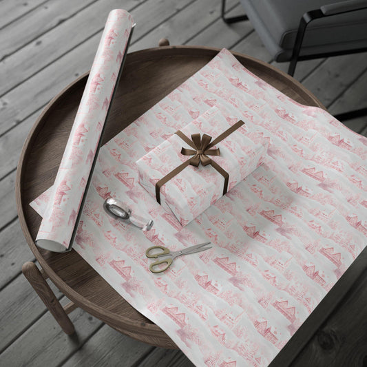 Nordic Christmas Wrapping Paper: Red Winter Houses, Snow Scene
