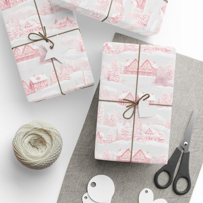 Nordic Christmas Wrapping Paper: Red Winter Houses, Snow Scene