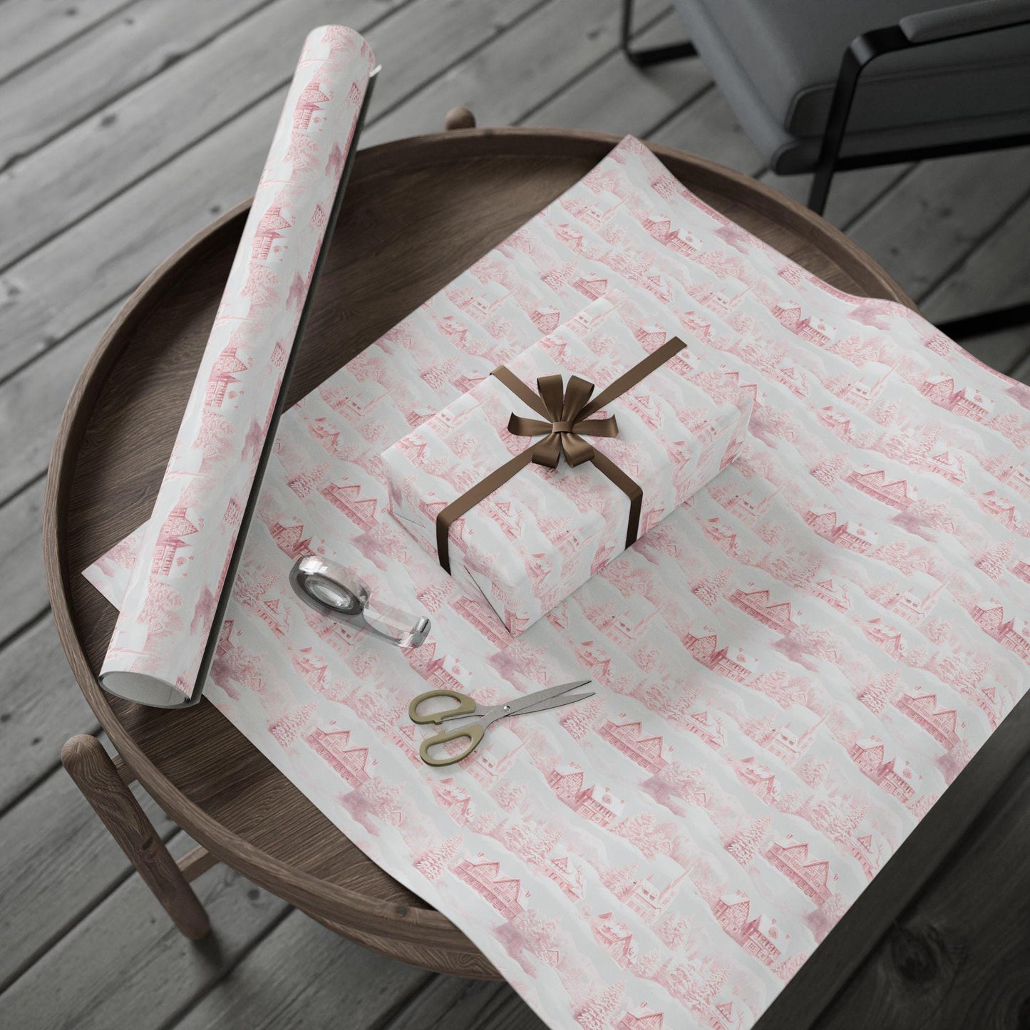 Nordic Christmas Wrapping Paper: Red Winter Houses, Snow Scene