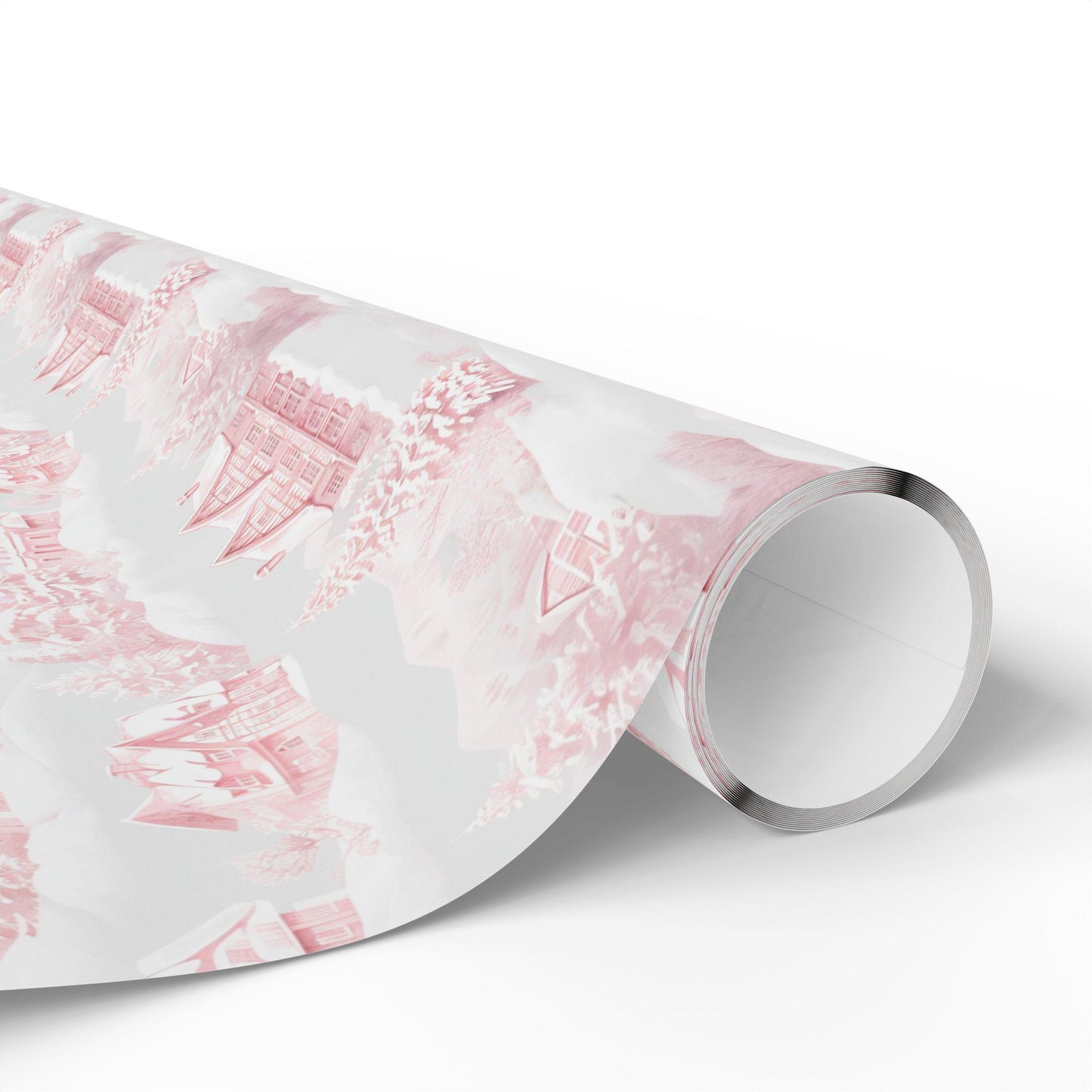 Nordic Christmas Wrapping Paper: Red Winter Houses, Snow Scene