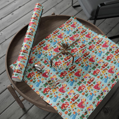 Princess Christmas Wrapping Paper, Cute Holiday Gift Wrap with Diverse Princess Characters, Candy Canes & Trees, Kids Xmas Packaging