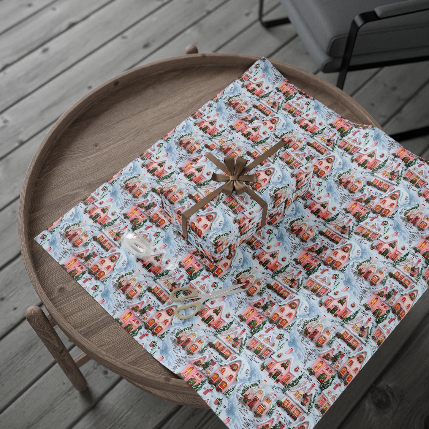 Christmas Wrapping Paper, Holiday Gift Wrap with Cozy Winter Houses, Festive Present Christmas Gifts & Seasonal Parties, Pink Winter Village