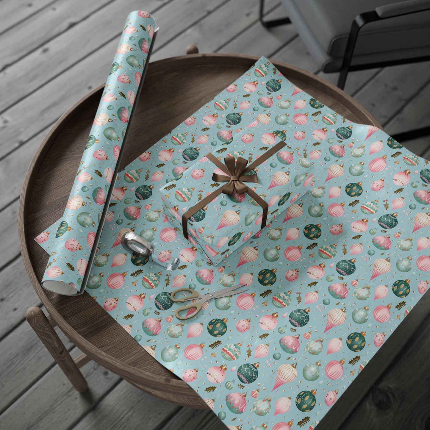 Christmas Wrapping Papers, Holiday Gift Wrap, Festive Vintage Ornaments, Pink & Green Xmas Design, Holiday Wrapping Paper Set
