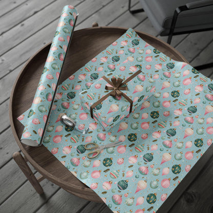 Christmas Wrapping Papers, Holiday Gift Wrap, Festive Vintage Ornaments, Pink & Green Xmas Design, Holiday Wrapping Paper Set