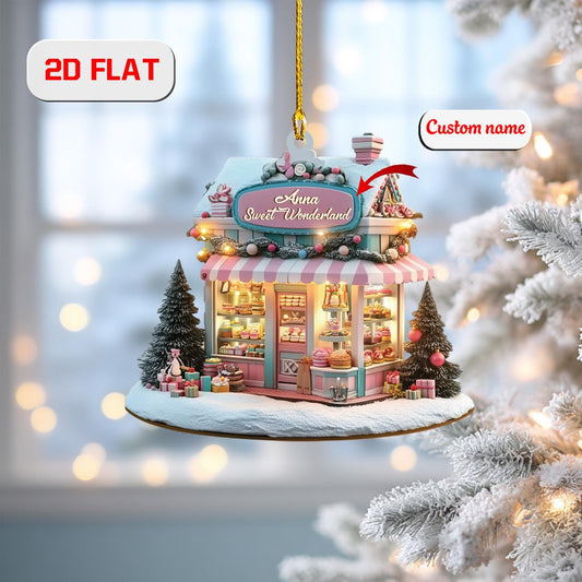 Personalized Sweet Shop Christmas Ornament, Custom Name Candy Store Ornament, 2D Flat Acrylic Decoration, Unique Xmas Gift for Bakery Lovers