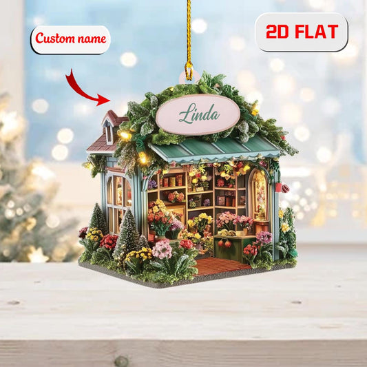 Personalized Flower Shop Christmas Ornament, Custom Name Floral Store Ornament, 2D Flat Acrylic Decoration, Unique Xmas Gift for Garden
