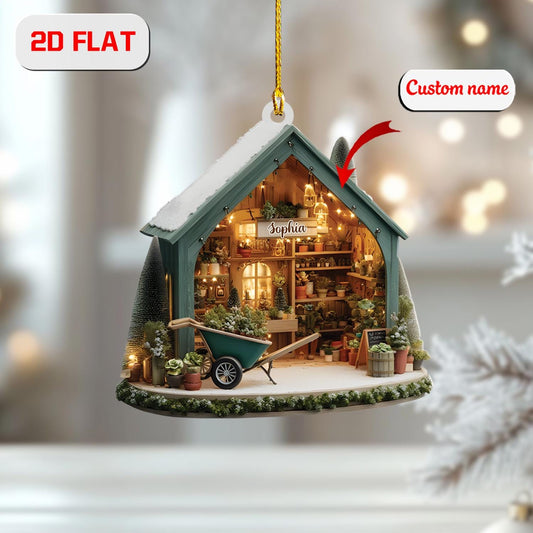 Personalized Garden Shed Christmas Ornament, Custom Name Greenhouse Ornament, 2D Flat Acrylic Decoration, Unique Xmas Gift for Garden