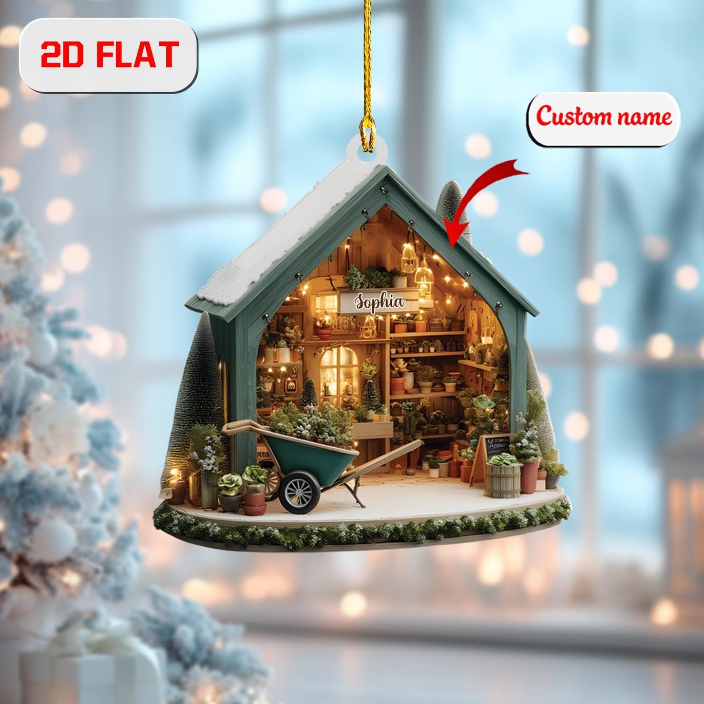 Personalized Garden Shed Christmas Ornament, Custom Name Greenhouse Ornament, 2D Flat Acrylic Decoration, Unique Xmas Gift for Garden