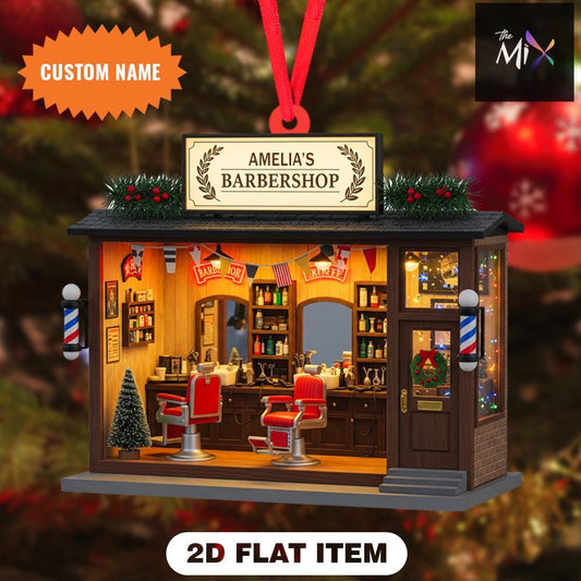 Custom Name Barbershop Christmas Ornament – 2D Flat Ornament, Xmas Tree Decor, Hair Stylist Ornament, Barber Shop Gift Keepsake