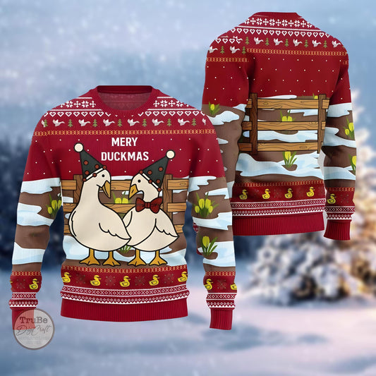 Merry Duckmas Ugly Sweater, Funny Duck Christmas Sweater, Cute Duck Sweater, Idea Christmas Gift for Men Women, Holiday Eve Sweater