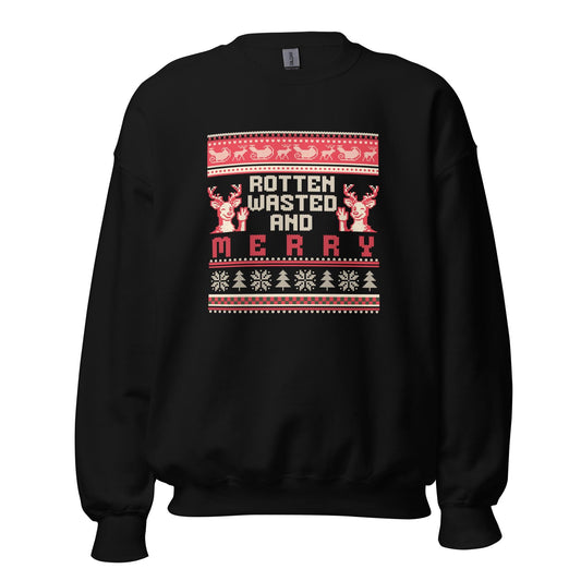Rotten Wasted and Merry Christmas Jumper | Funny Drinking Xmas | Ugly Holiday Knitwear | Alternative Humour Xmas Outfit Gift