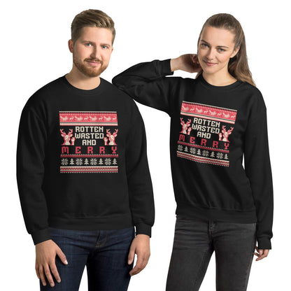 Rotten Wasted and Merry Christmas Jumper | Funny Drinking Xmas | Ugly Holiday Knitwear | Alternative Humour Xmas Outfit Gift