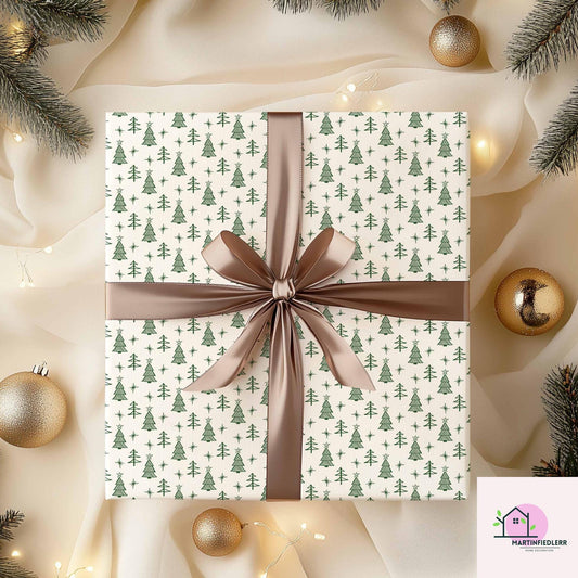 Minimal Christmas Tree Wrapping Paper, White Green Holiday Gift Wrap Sheets, Rustic Winter Forest Packaging, Simple Festive Modern Style