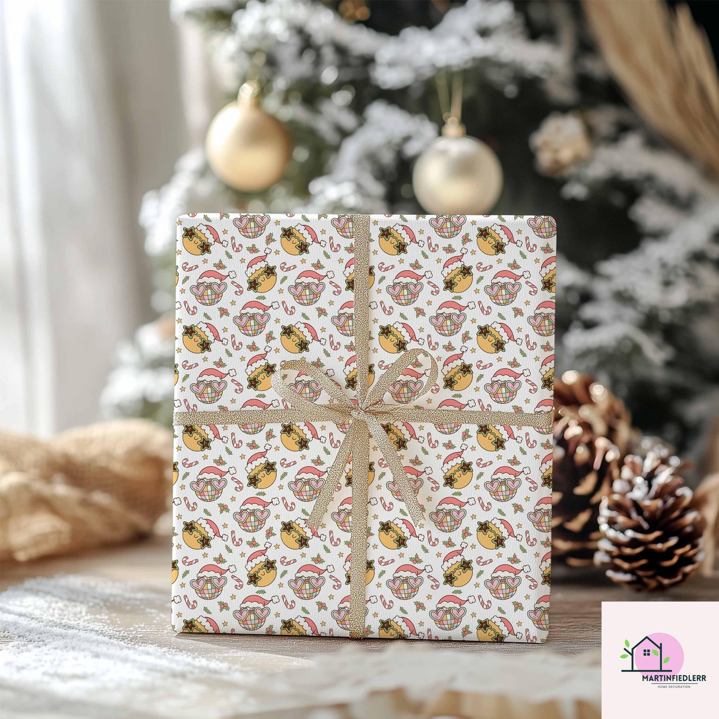 Christmas Ornament Wrapping Paper, Golden Bell Holiday Gift Wrap Sheets, Candy Cane Star Packaging, Festive Pink Red Green Style