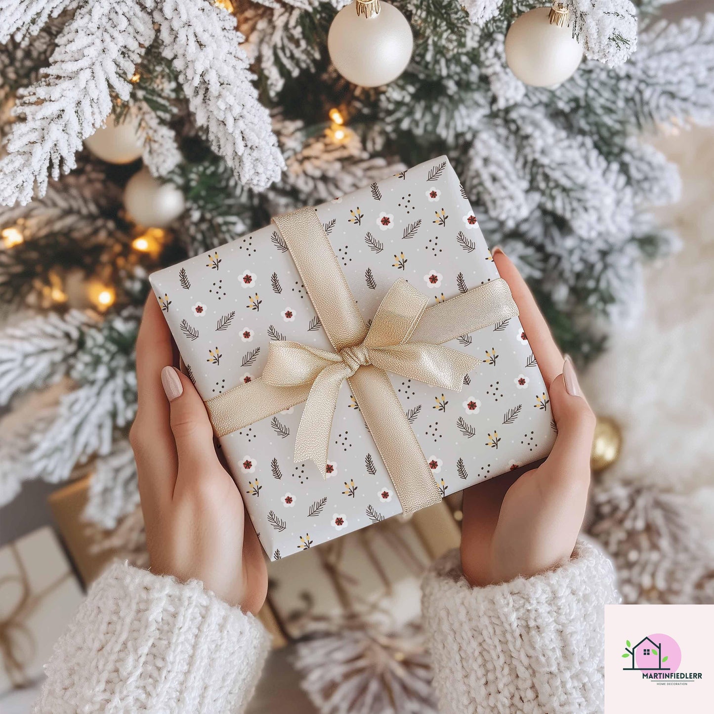 Beige Floral Christmas Wrapping Paper: Elegant Festive Gift Wrap