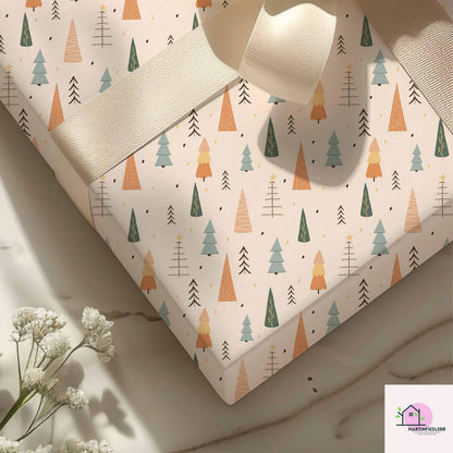 Scandinavian Christmas Tree Wrapping Paper, Minimal Holiday Gift Wrap Sheets, Modern Rustic Winter Packaging, Festive Colorful Style
