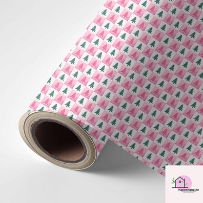 Pink Christmas Tree Wrapping Paper, Modern Holiday Gift Wrap Sheets, Festive Green Pine Pattern Packaging, Playful Winter Party Style