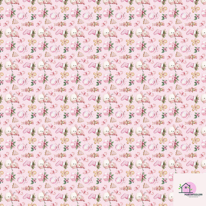 Pink Christmas Wrapping Paper: Snowman & Gingerbread Design