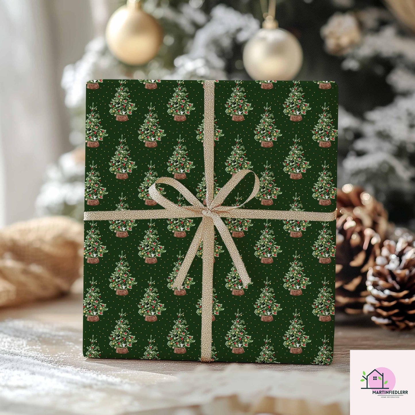 Green Christmas Wrapping Paper: Vintage Tree in Basket Design