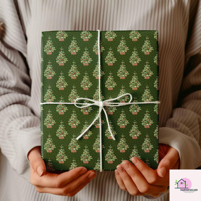 Green Christmas Wrapping Paper: Vintage Tree in Basket Design
