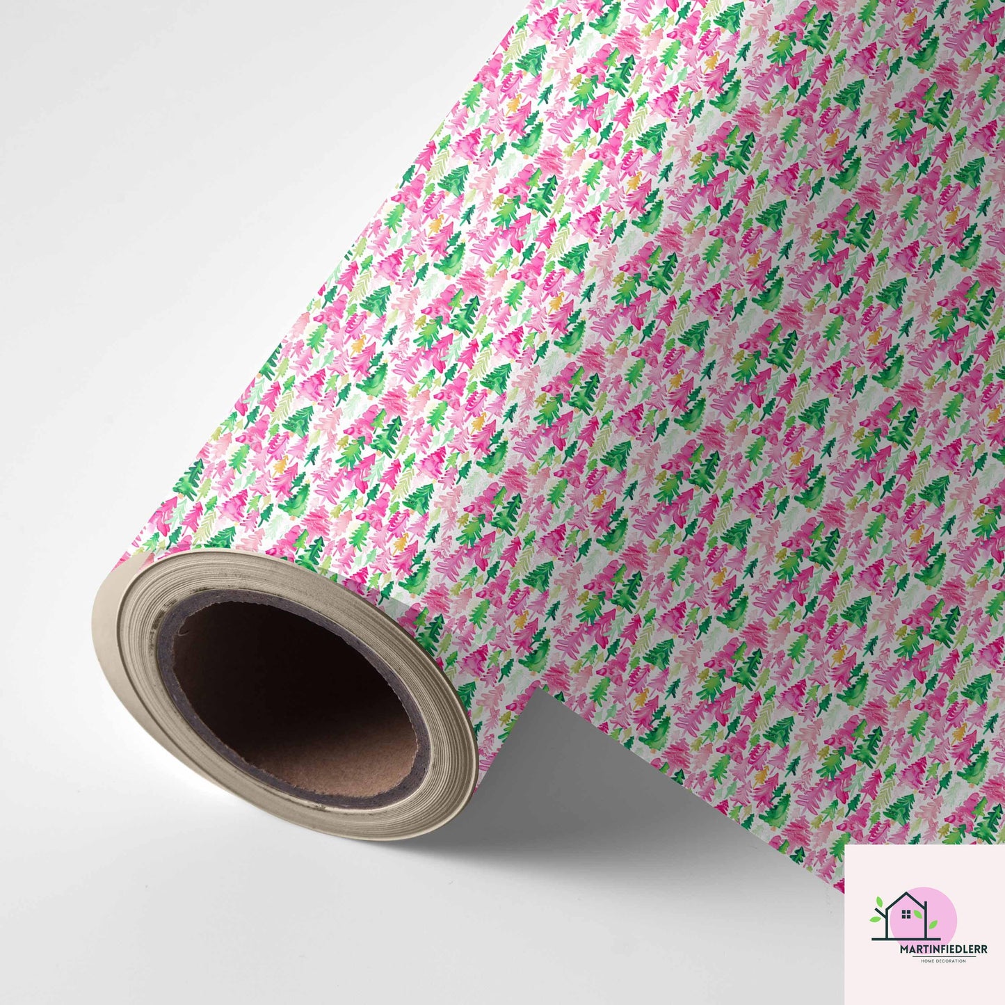 Pink Green Tree Christmas Wrapping Paper, Watercolor Holiday Gift Wrap Sheets, Festive Xmas Forest Packaging, Cute Winter Party Gift Wrap