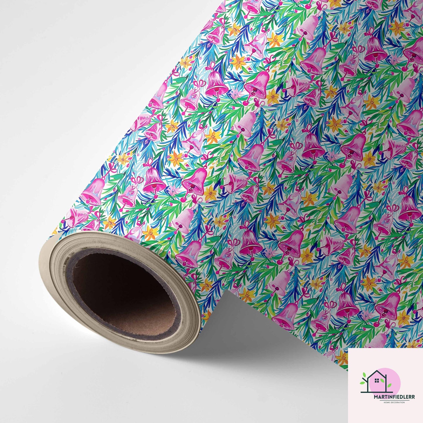 Pink Bell Christmas Wrapping Paper, Festive Holiday Gift Wrap Sheets with Green Leaves, Watercolor Xmas Bells Packaging, Winter Gift Wrap