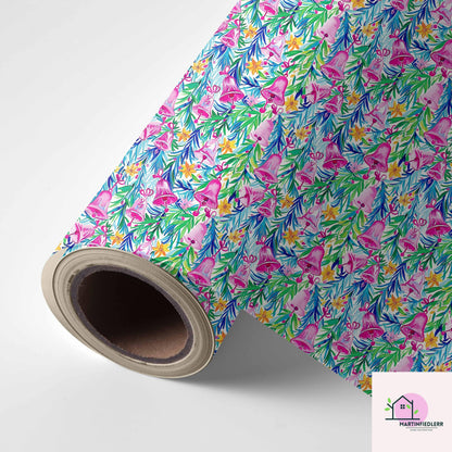 Pink Bell Christmas Wrapping Paper, Festive Holiday Gift Wrap Sheets with Green Leaves, Watercolor Xmas Bells Packaging, Winter Gift Wrap