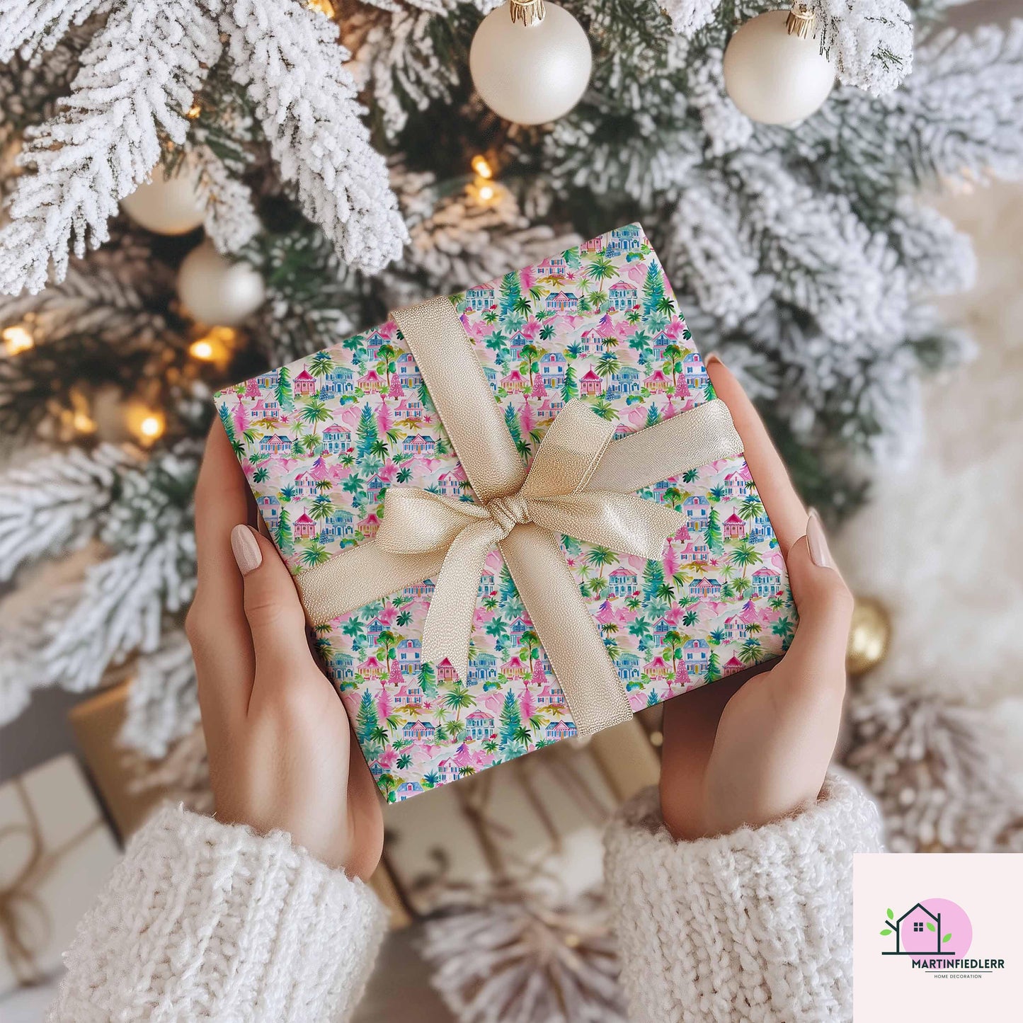 Colorful Christmas Wrapping Paper, Festive House Tree Holiday Gift Wrap Sheets, Multicolor Xmas Packaging, Winter Party Gift Wrap