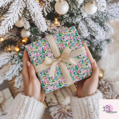 Colorful Christmas Wrapping Paper, Festive House Tree Holiday Gift Wrap Sheets, Multicolor Xmas Packaging, Winter Party Gift Wrap