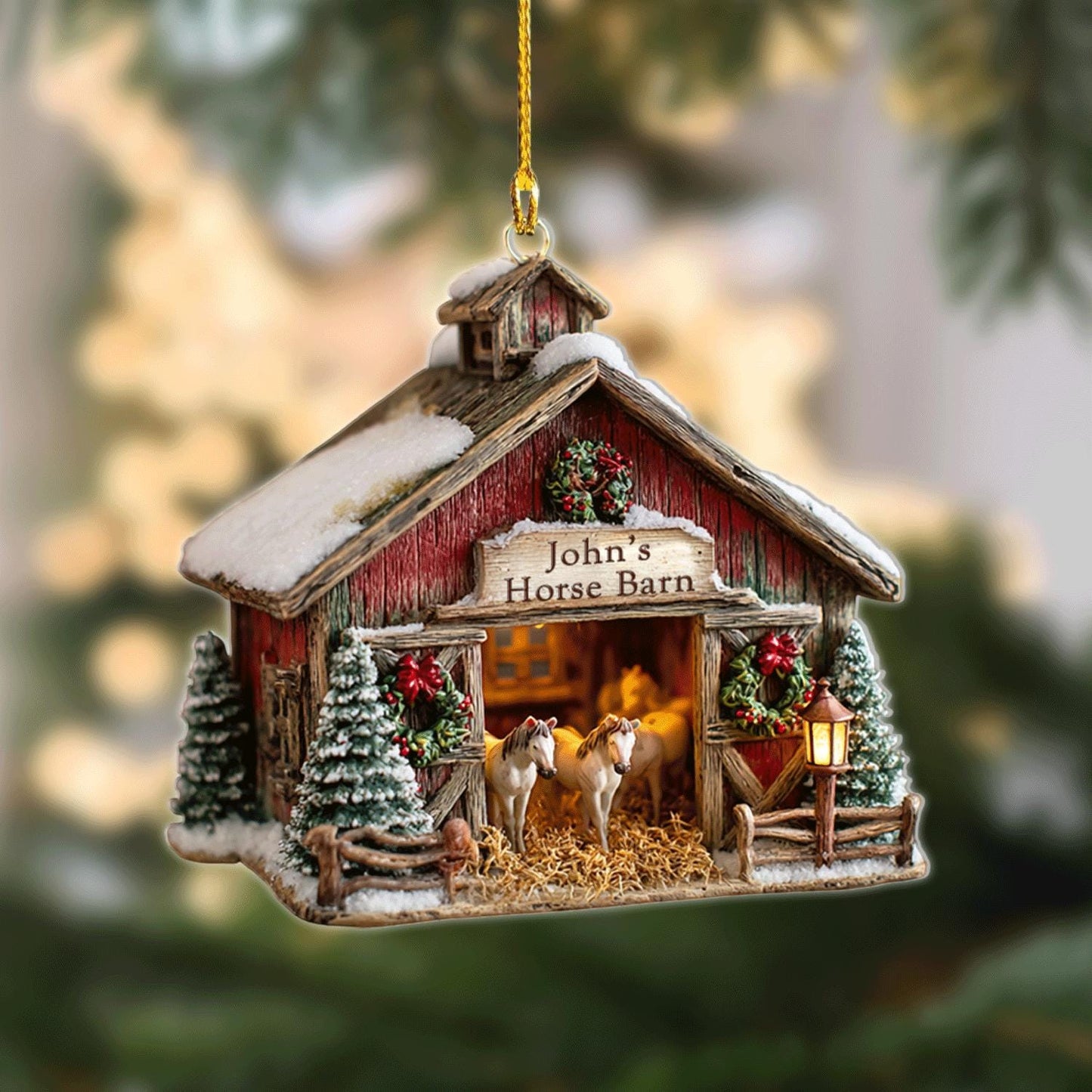Personalized Horse Barn Ornament 2025 – Custom Farmhouse Christmas Decoration for Horse Lovers & Equestrian Gift, 2D flat ornament