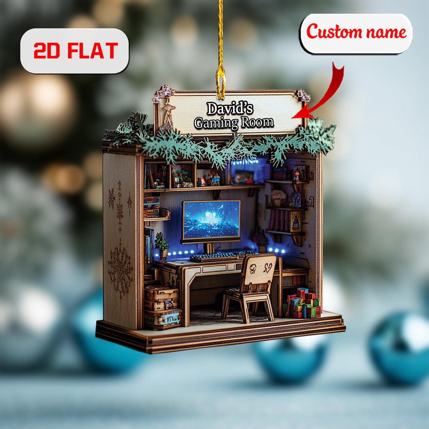 Custom Gaming Room Ornament 2D Flat, Personalized Gamer Christmas Ornament, Acrylic Ornament Gift for PC Gamers, Video Game Holiday Decor