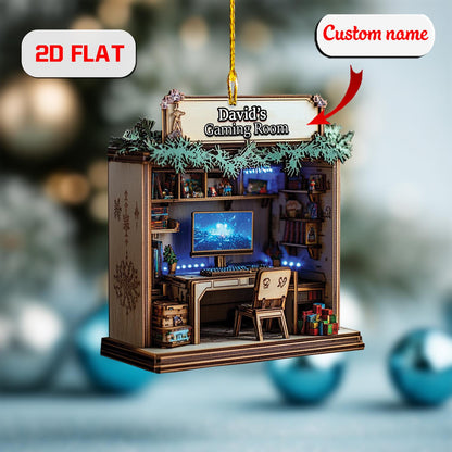 Custom Gaming Room Ornament 2D Flat, Personalized Gamer Christmas Ornament, Acrylic Ornament Gift for PC Gamers, Video Game Holiday Decor