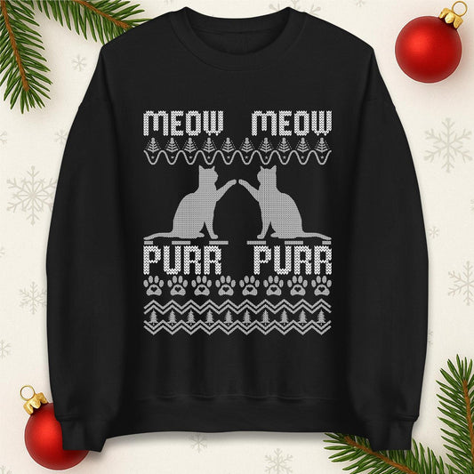 Meow Meow Purr Purr Ugly Christmas Jumper with Cute Cats Design, Funny Xmas Cat Hoodie, Holiday Kitten Lover T Shirt, Festive Gift Top