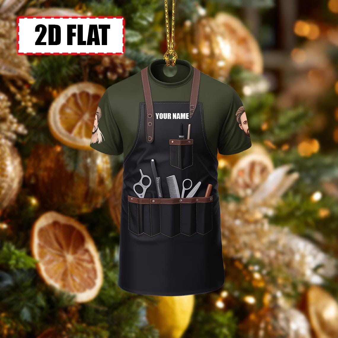 Custom Barber Christmas Ornament, Tree Hanging Decor, Flat 2D Acrylic Hairstylist Apron Keepsake, Personalized Gift for Barber Stylist