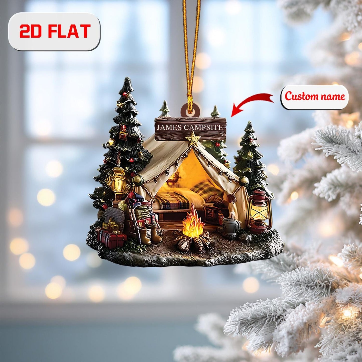 Custom Camping Ornament, Personalized Campsite Christmas Decoration, Tent & Campfire Holiday Ornament, Unique Gift for Camper or Hiker