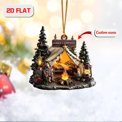 Custom Camping Ornament, Personalized Campsite Christmas Decoration, Tent & Campfire Holiday Ornament, Unique Gift for Camper or Hiker