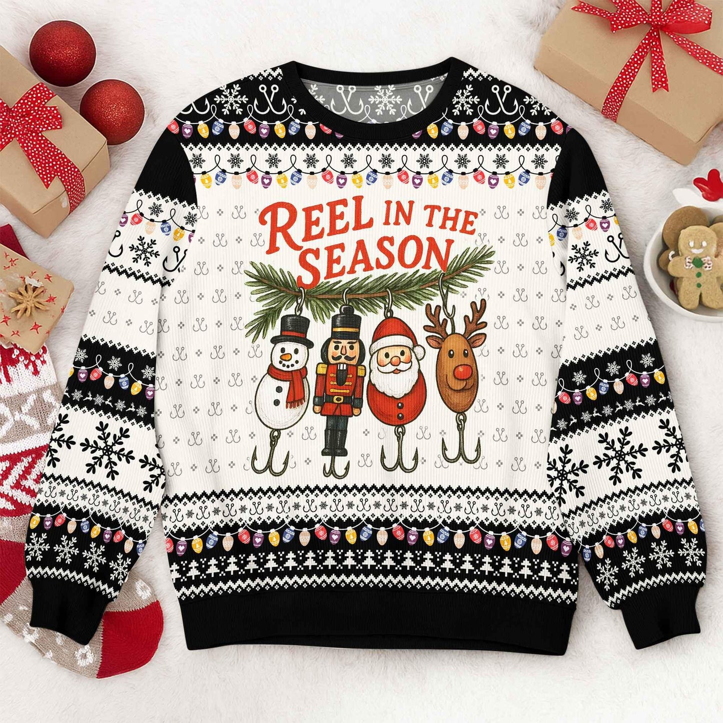 Funny Fishing Ugly Christmas Sweater, Reel in The Season Holiday Sweatshirt, Fisherman Xmas Jumper, Novelty Holiday Party Outfit