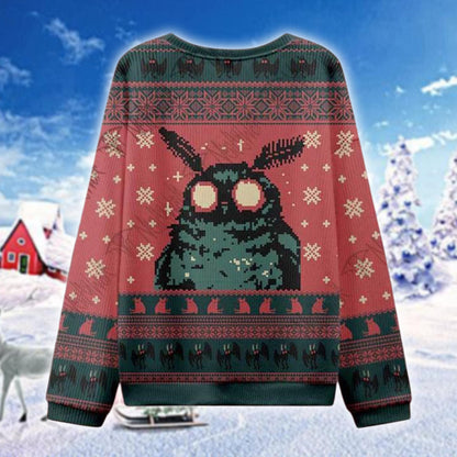 Mothman Ugly Christmas Sweater, Cryptid Holiday Jumper, Funny Moth Monster Xmas Shirt, Weird Gift for Him Her, All Over Print